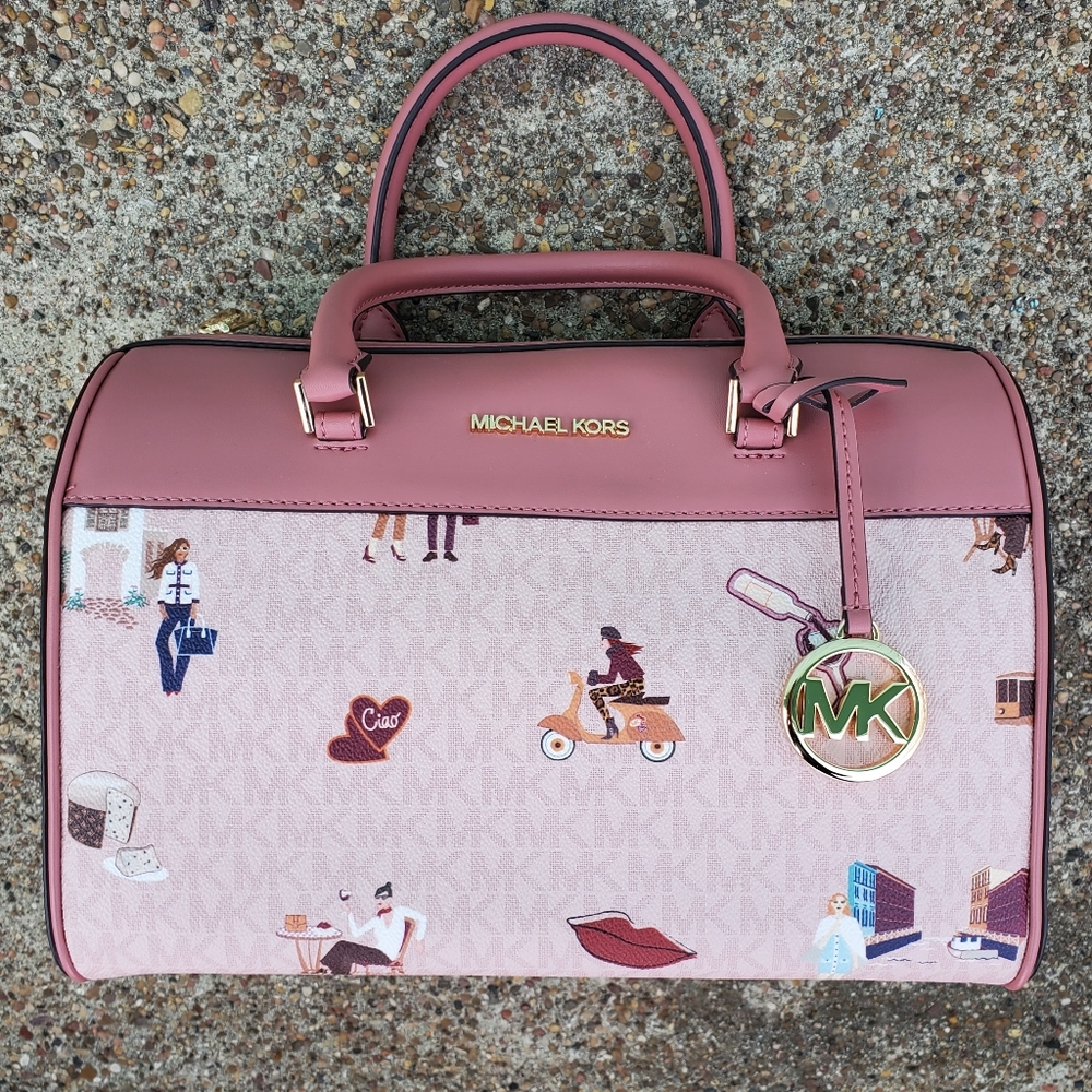Michael Kors Jet Set Girls Medium Duffle Handbag Rose Pink Ciao Milan Strap MK